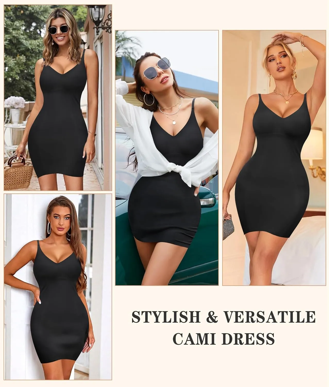 Irisnaya Women Shapewear Full Slip Tummy Control V Neck Cami Mini Under Dress Body Shaper Seamless Spaghetti Straps Lingerie