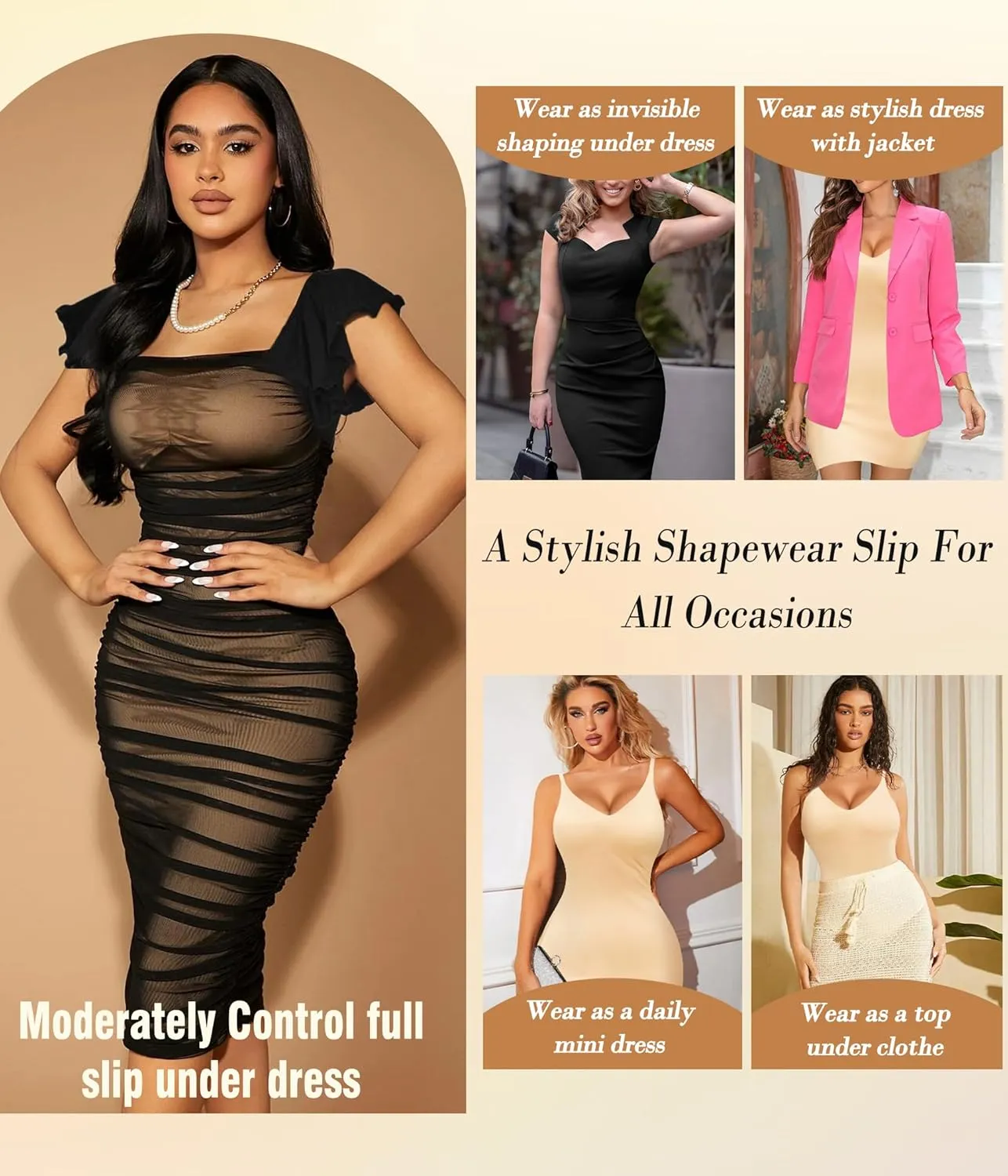 Irisnaya Women Shapewear Full Slip Tummy Control V Neck Cami Mini Under Dress Body Shaper Seamless Spaghetti Straps Lingerie