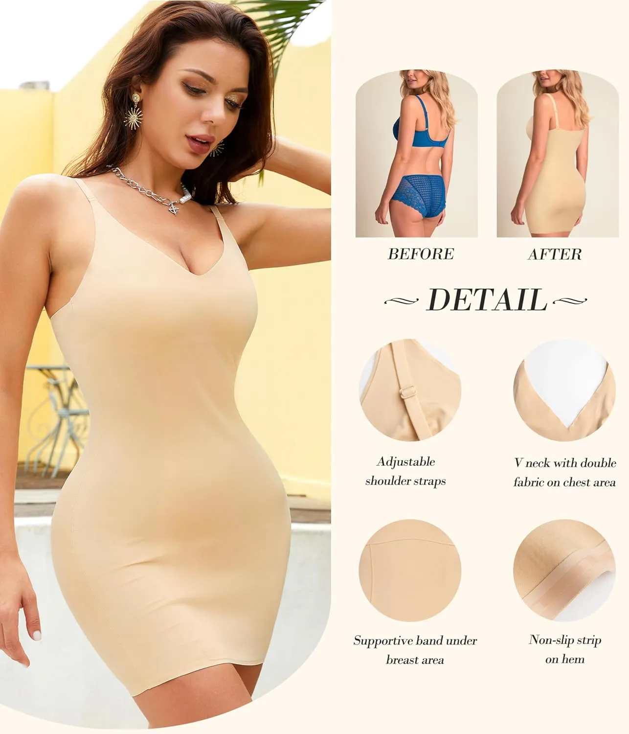 Irisnaya Women Shapewear Full Slip Tummy Control V Neck Cami Mini Under Dress Body Shaper Seamless Spaghetti Straps Lingerie