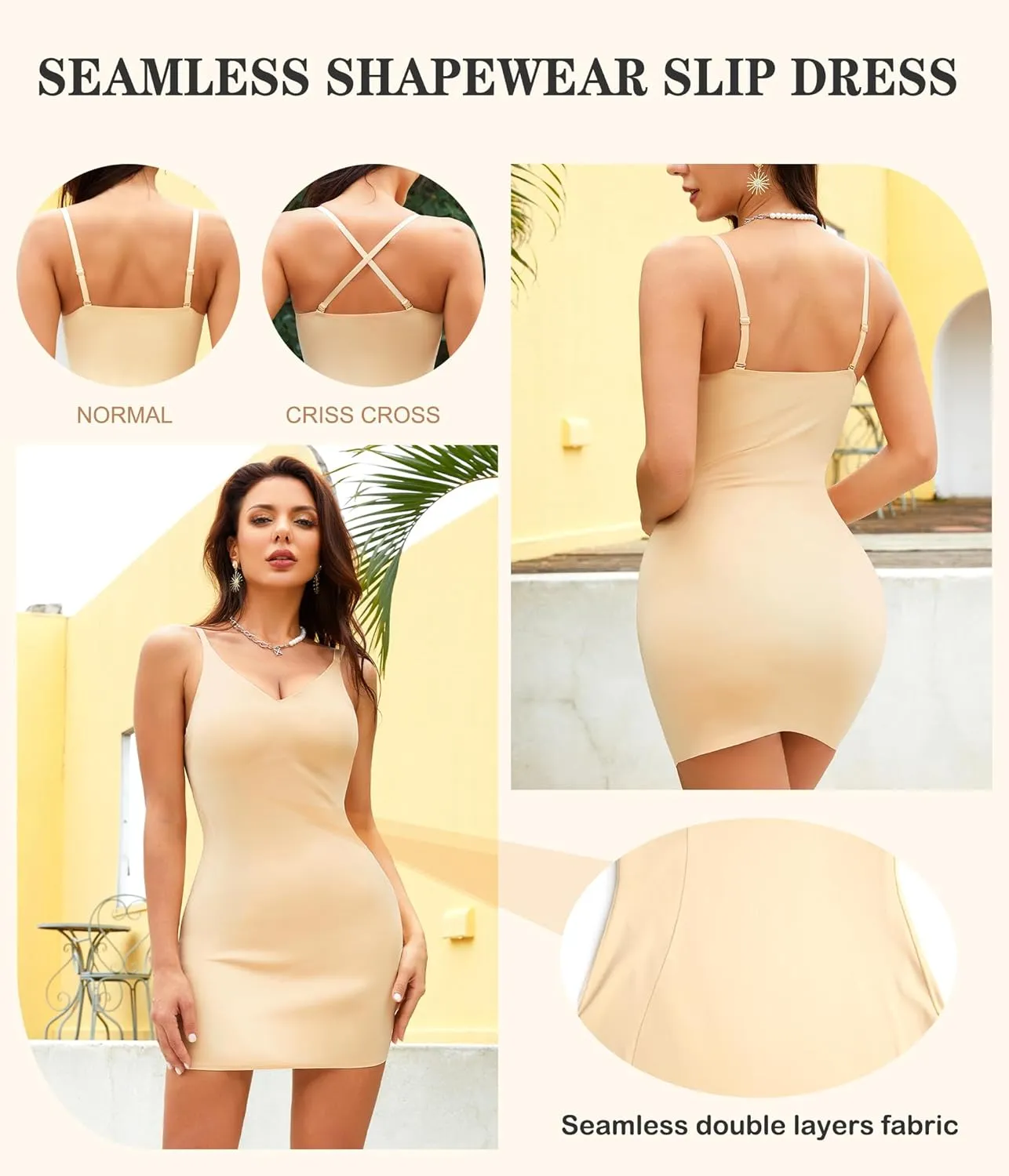 Irisnaya Women Shapewear Full Slip Tummy Control V Neck Cami Mini Under Dress Body Shaper Seamless Spaghetti Straps Lingerie