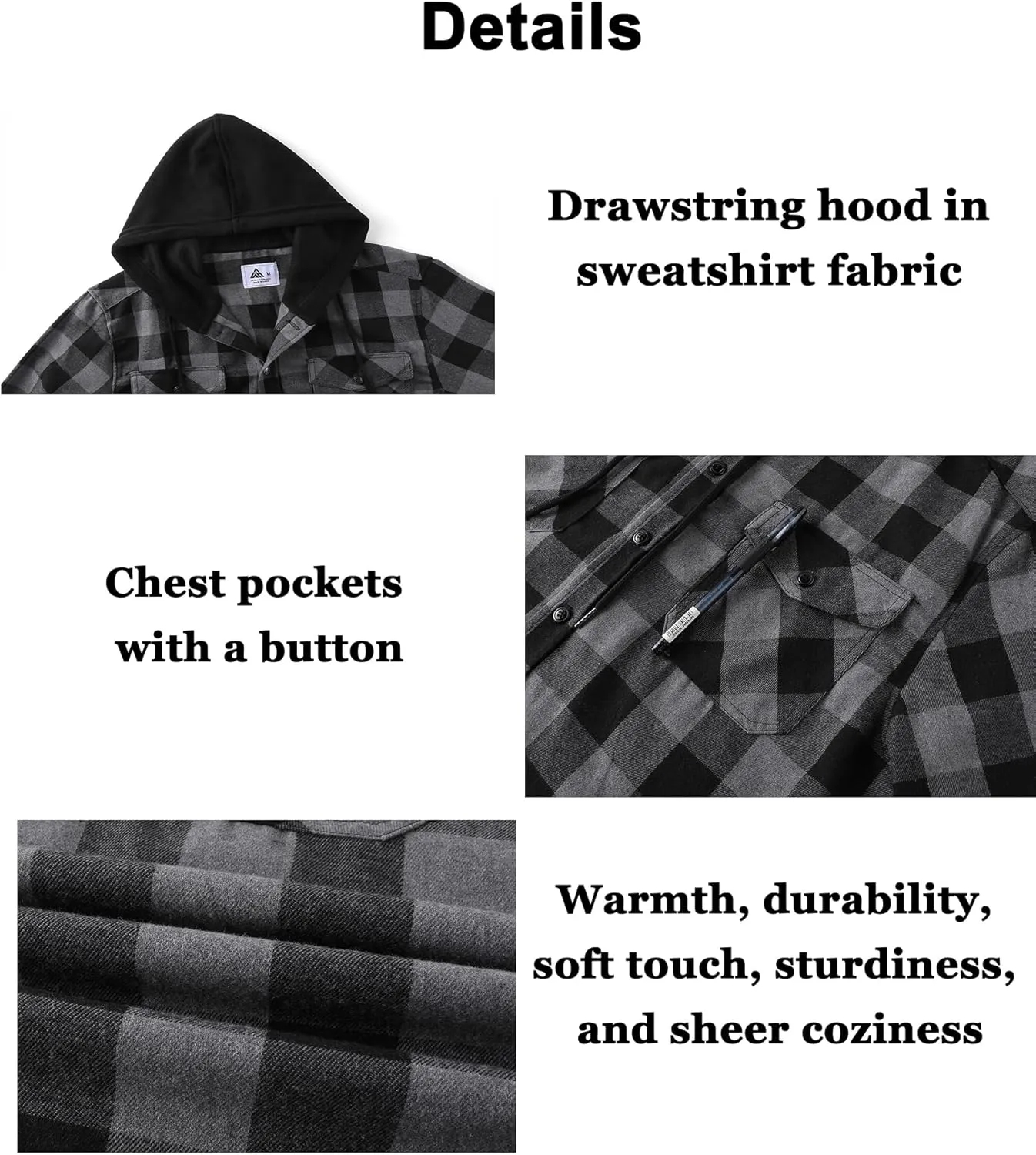 JACKETOWN Hooded Flannel Shirt for Men Plaid Shirts Long Sleeve Flannel Jacket Button-Down Shirt Jacket with Hood