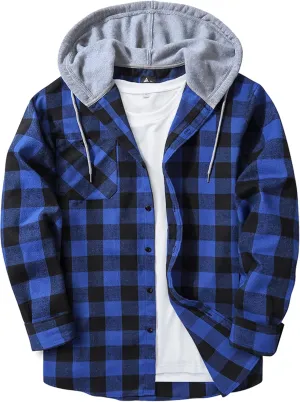 JACKETOWN Hooded Flannel Shirt for Men Plaid Shirts Long Sleeve Flannel Jacket Button-Down Shirt Jacket with Hood