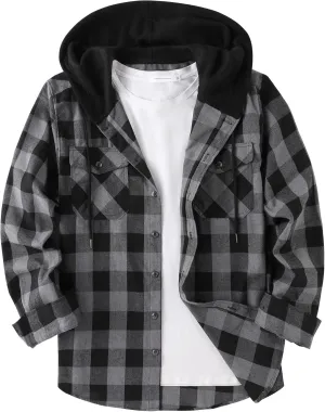 JACKETOWN Hooded Flannel Shirt for Men Plaid Shirts Long Sleeve Flannel Jacket Button-Down Shirt Jacket with Hood