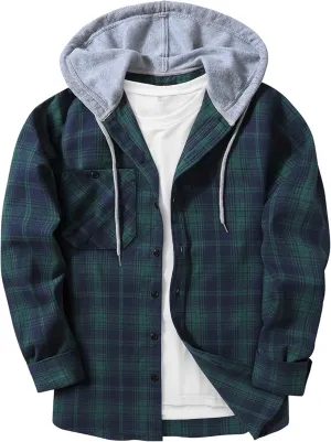 JACKETOWN Hooded Flannel Shirt for Men Plaid Shirts Long Sleeve Flannel Jacket Button-Down Shirt Jacket with Hood