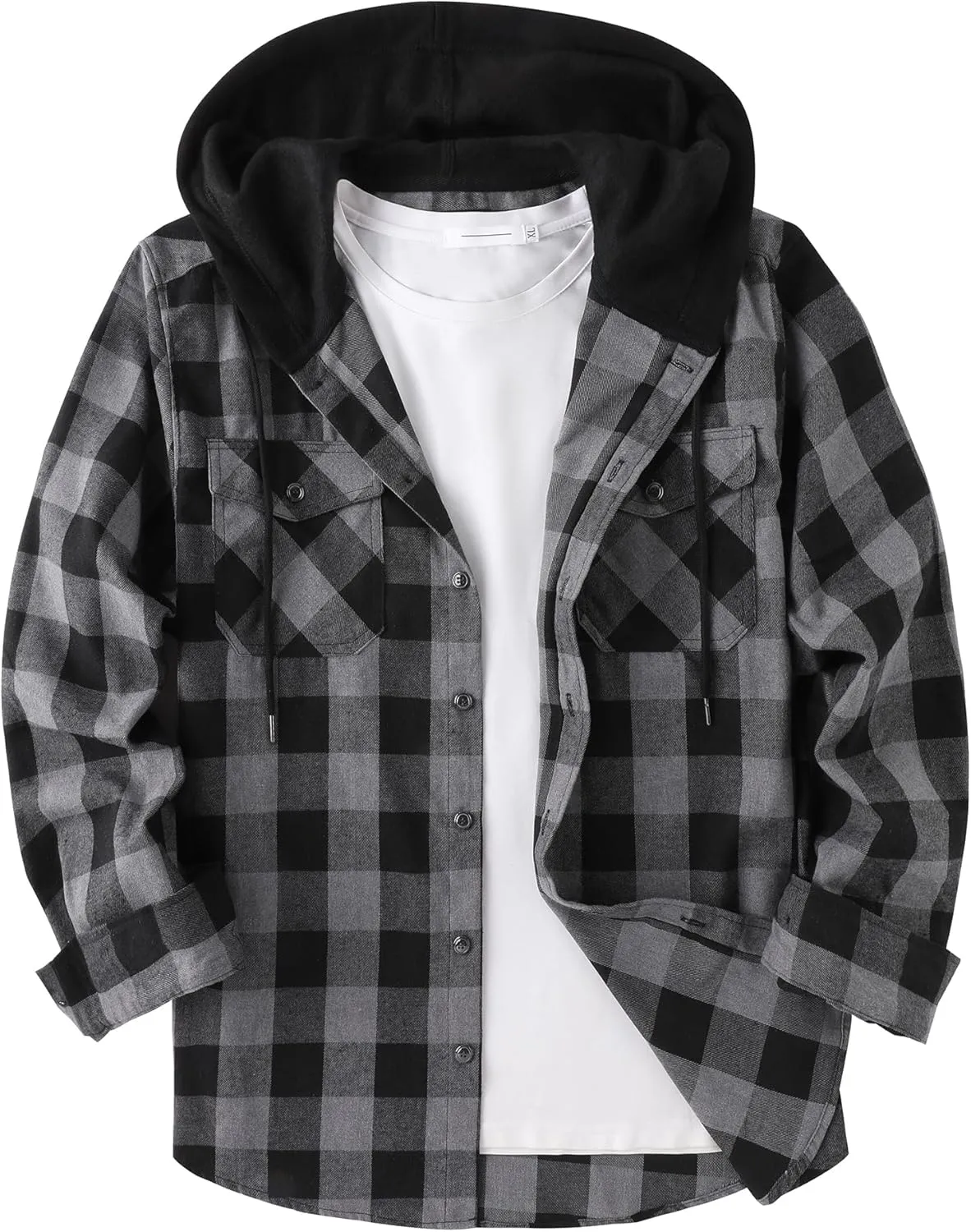 JACKETOWN Hooded Flannel Shirt for Men Plaid Shirts Long Sleeve Flannel Jacket Button-Down Shirt Jacket with Hood