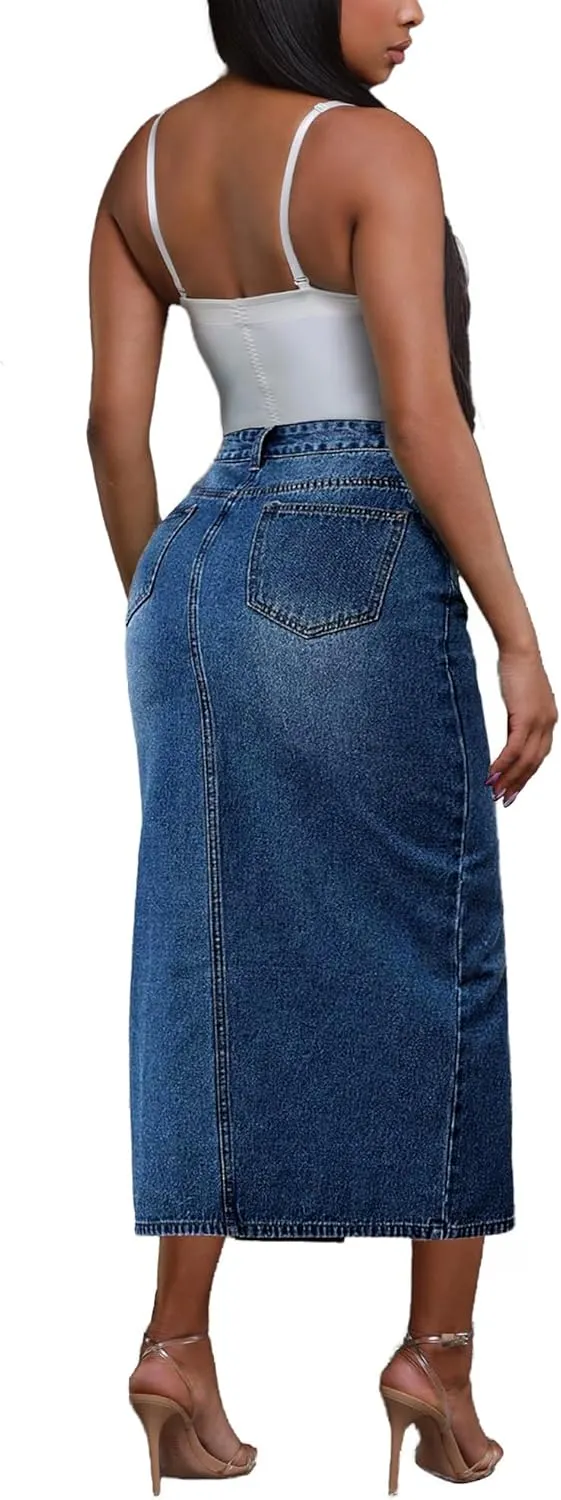 Jean Skirt for Women Denim Skirt High Waist Stretch Midi Denim Skirts with Pockets