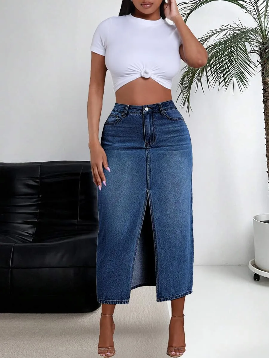 Jean Skirt for Women Denim Skirt High Waist Stretch Midi Denim Skirts with Pockets