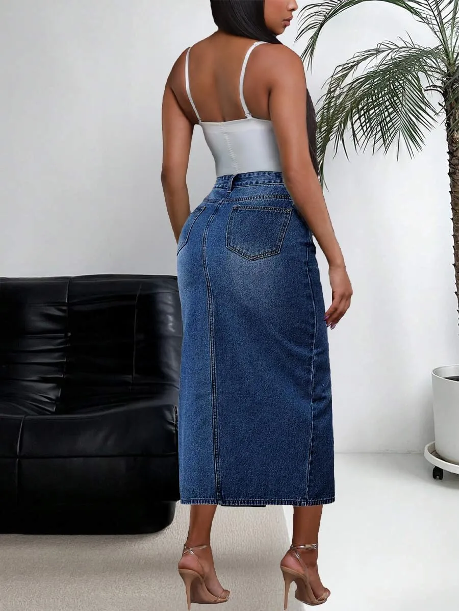 Jean Skirt for Women Denim Skirt High Waist Stretch Midi Denim Skirts with Pockets