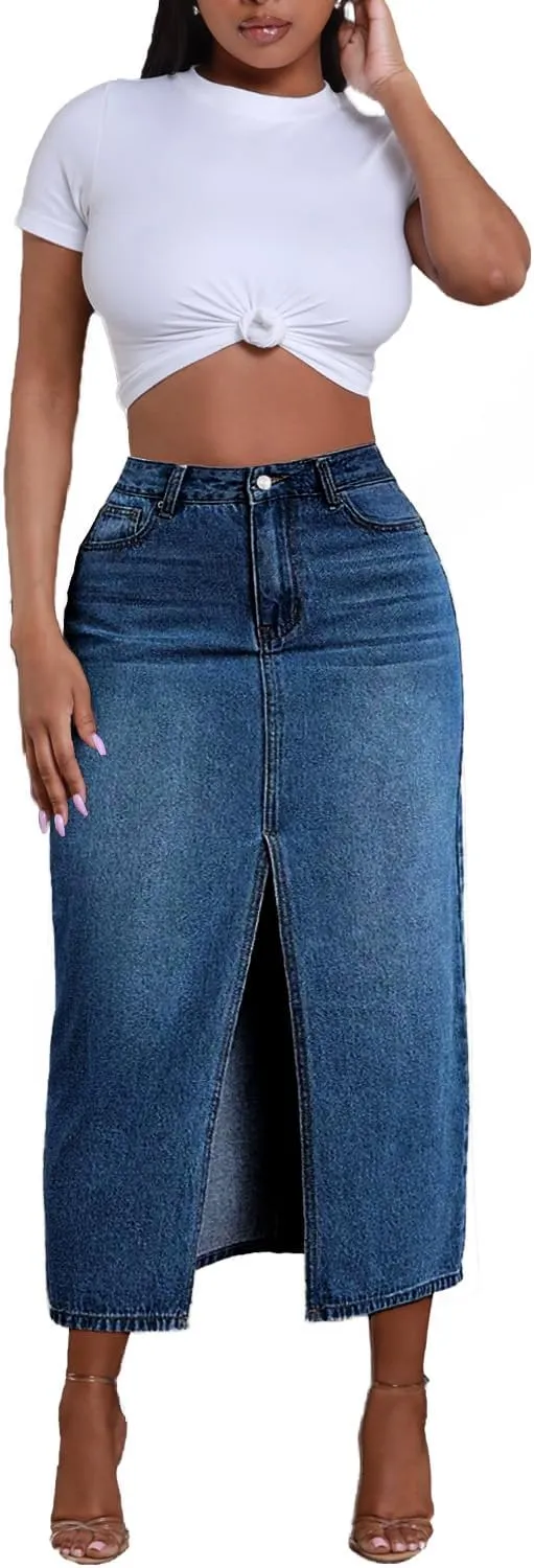 Jean Skirt for Women Denim Skirt High Waist Stretch Midi Denim Skirts with Pockets