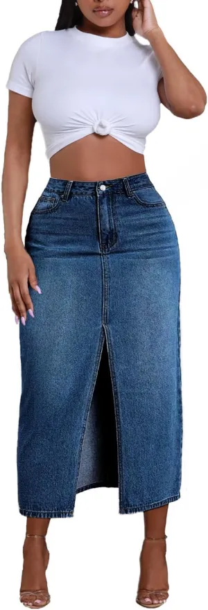 Jean Skirt for Women Denim Skirt High Waist Stretch Midi Denim Skirts with Pockets