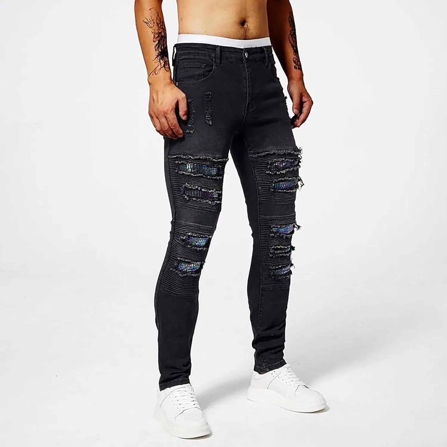 Jeans Pants for Men's 2025 Fashion Solid Color Ripped Denim Cargo Trouser Stretch Slim Fit Comfy Sweatpant