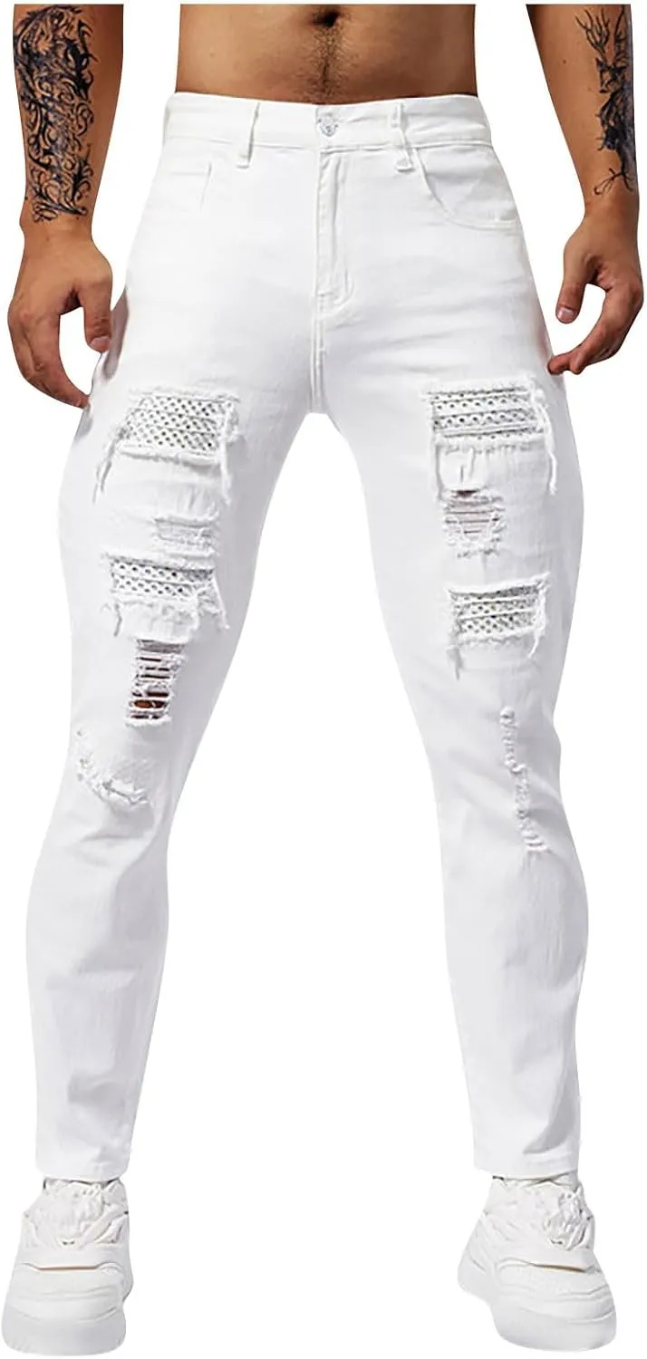 Jeans Pants for Men's 2025 Fashion Solid Color Ripped Denim Cargo Trouser Stretch Slim Fit Comfy Sweatpant