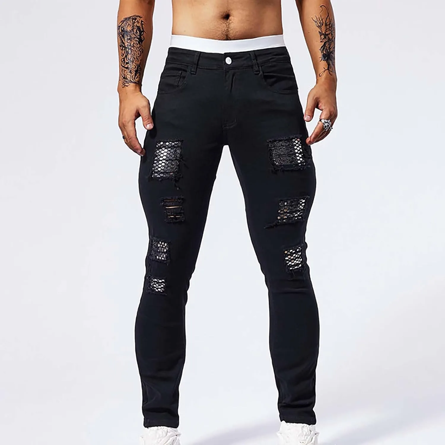 Jeans Pants for Men's 2025 Fashion Solid Color Ripped Denim Cargo Trouser Stretch Slim Fit Comfy Sweatpant