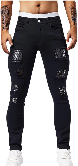 Jeans Pants for Men's 2025 Fashion Solid Color Ripped Denim Cargo Trouser Stretch Slim Fit Comfy Sweatpant
