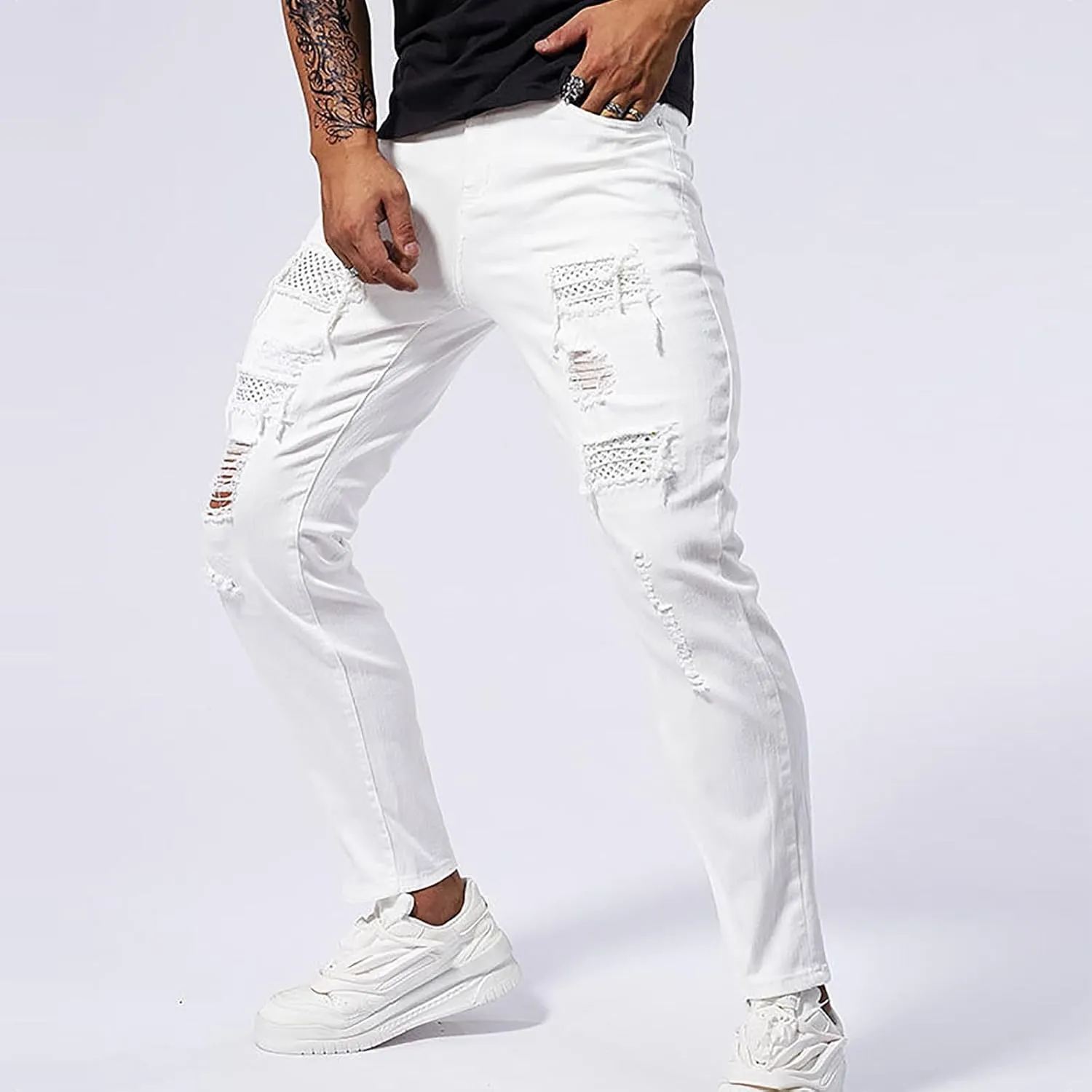 Jeans Pants for Men's 2025 Fashion Solid Color Ripped Denim Cargo Trouser Stretch Slim Fit Comfy Sweatpant