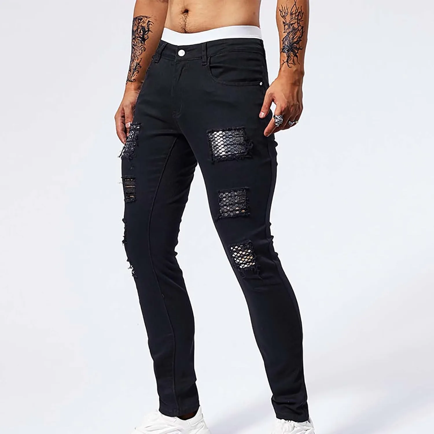 Jeans Pants for Men's 2025 Fashion Solid Color Ripped Denim Cargo Trouser Stretch Slim Fit Comfy Sweatpant