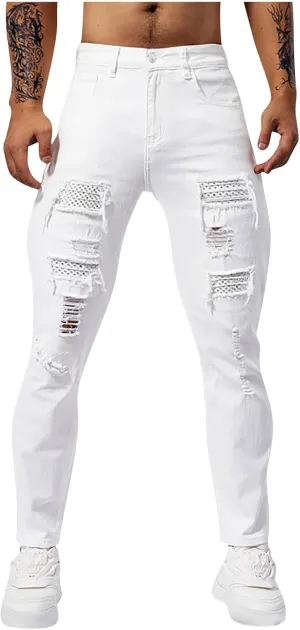 Jeans Pants for Men's 2025 Fashion Solid Color Ripped Denim Cargo Trouser Stretch Slim Fit Comfy Sweatpant