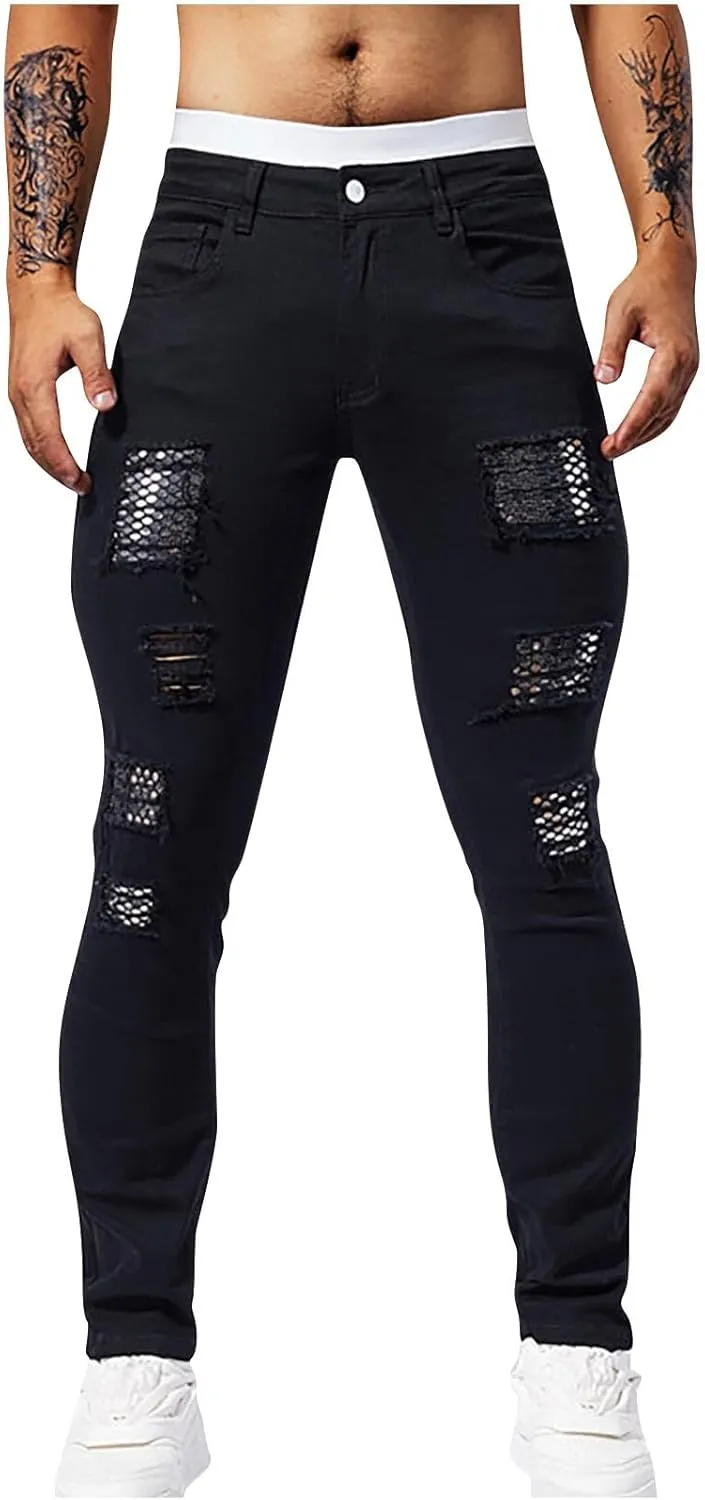 Jeans Pants for Men's 2025 Fashion Solid Color Ripped Denim Cargo Trouser Stretch Slim Fit Comfy Sweatpant