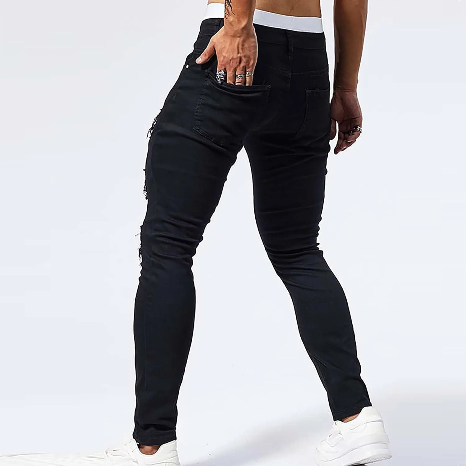 Jeans Pants for Men's 2025 Fashion Solid Color Ripped Denim Cargo Trouser Stretch Slim Fit Comfy Sweatpant