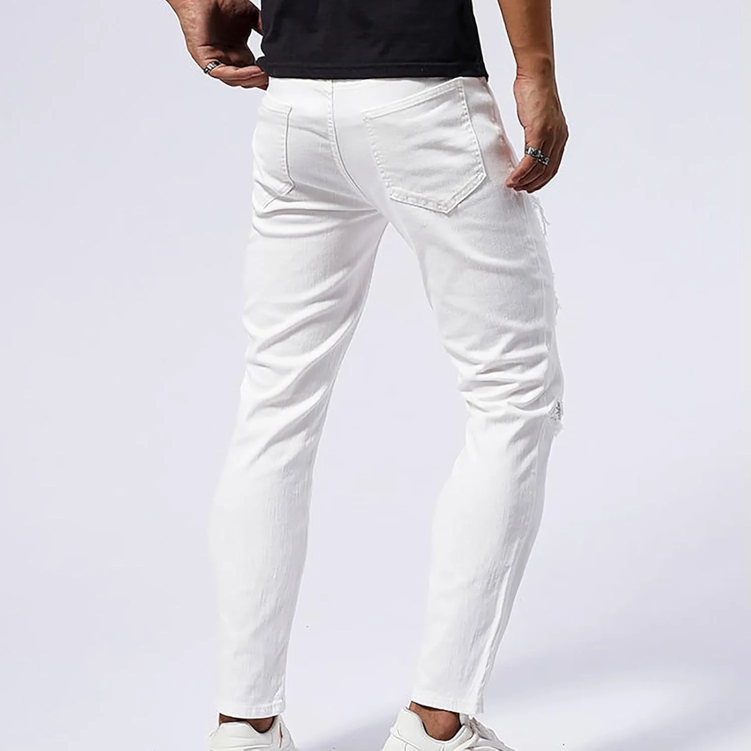 Jeans Pants for Men's 2025 Fashion Solid Color Ripped Denim Cargo Trouser Stretch Slim Fit Comfy Sweatpant