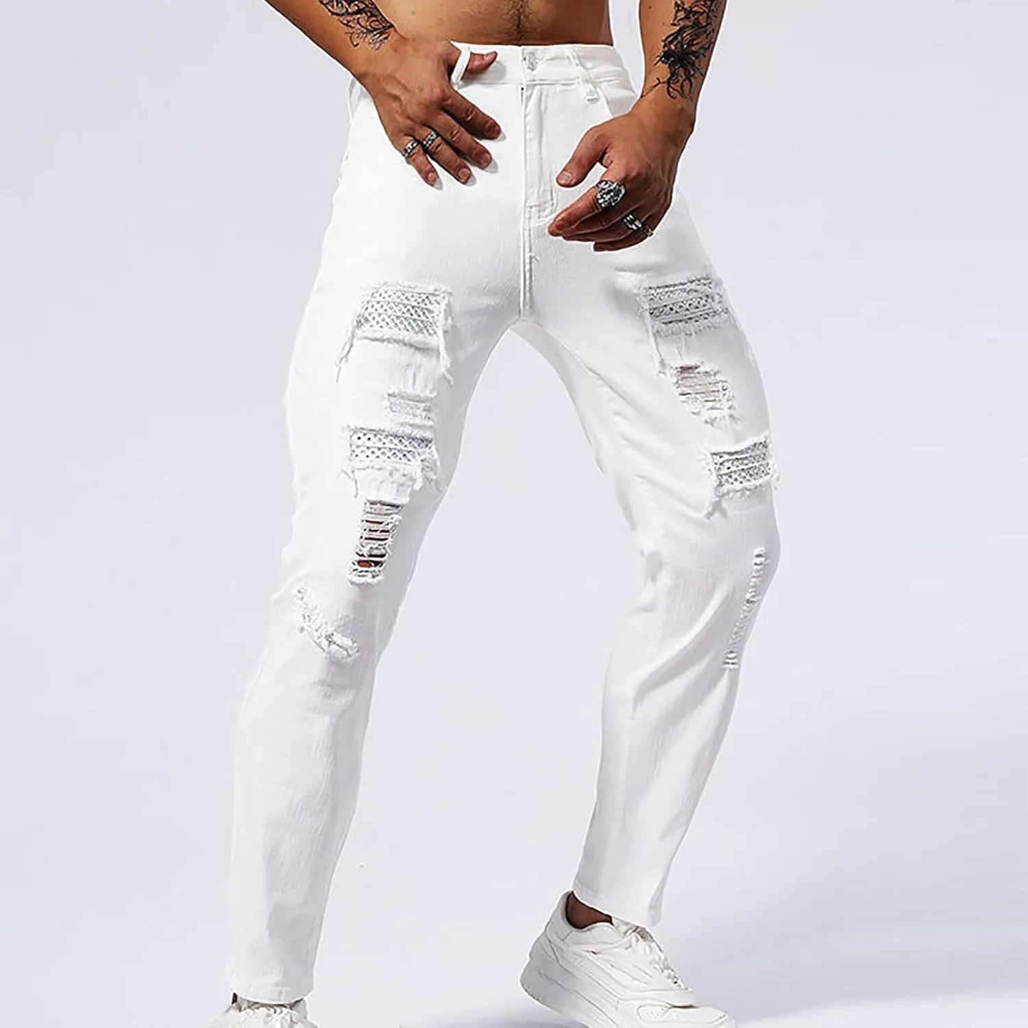 Jeans Pants for Men's 2025 Fashion Solid Color Ripped Denim Cargo Trouser Stretch Slim Fit Comfy Sweatpant