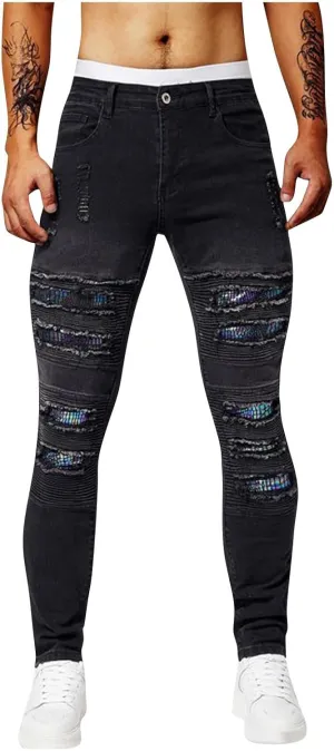 Jeans Pants for Men's 2025 Fashion Solid Color Ripped Denim Cargo Trouser Stretch Slim Fit Comfy Sweatpant