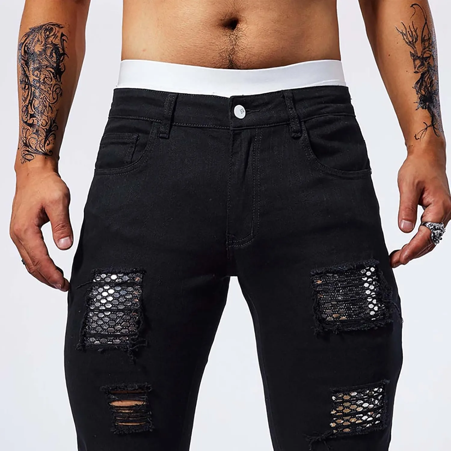 Jeans Pants for Men's 2025 Fashion Solid Color Ripped Denim Cargo Trouser Stretch Slim Fit Comfy Sweatpant