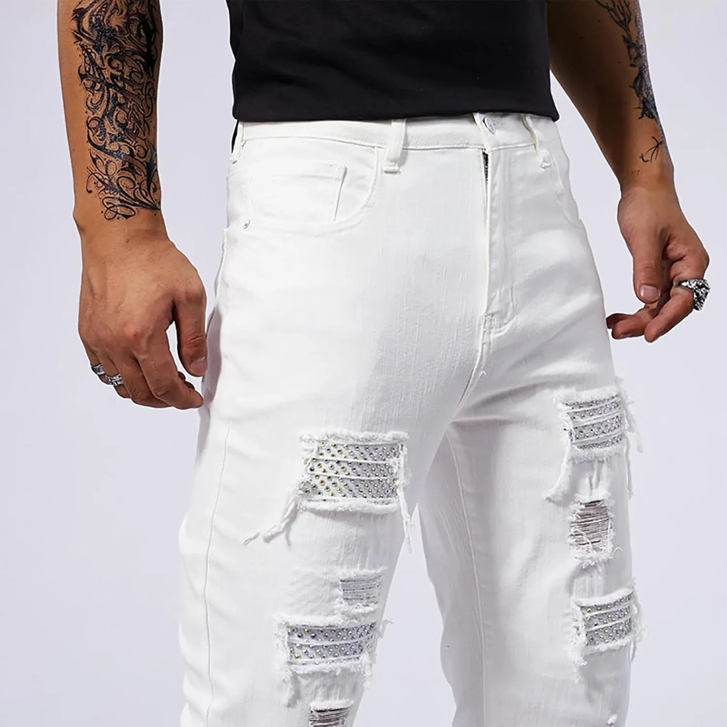 Jeans Pants for Men's 2025 Fashion Solid Color Ripped Denim Cargo Trouser Stretch Slim Fit Comfy Sweatpant