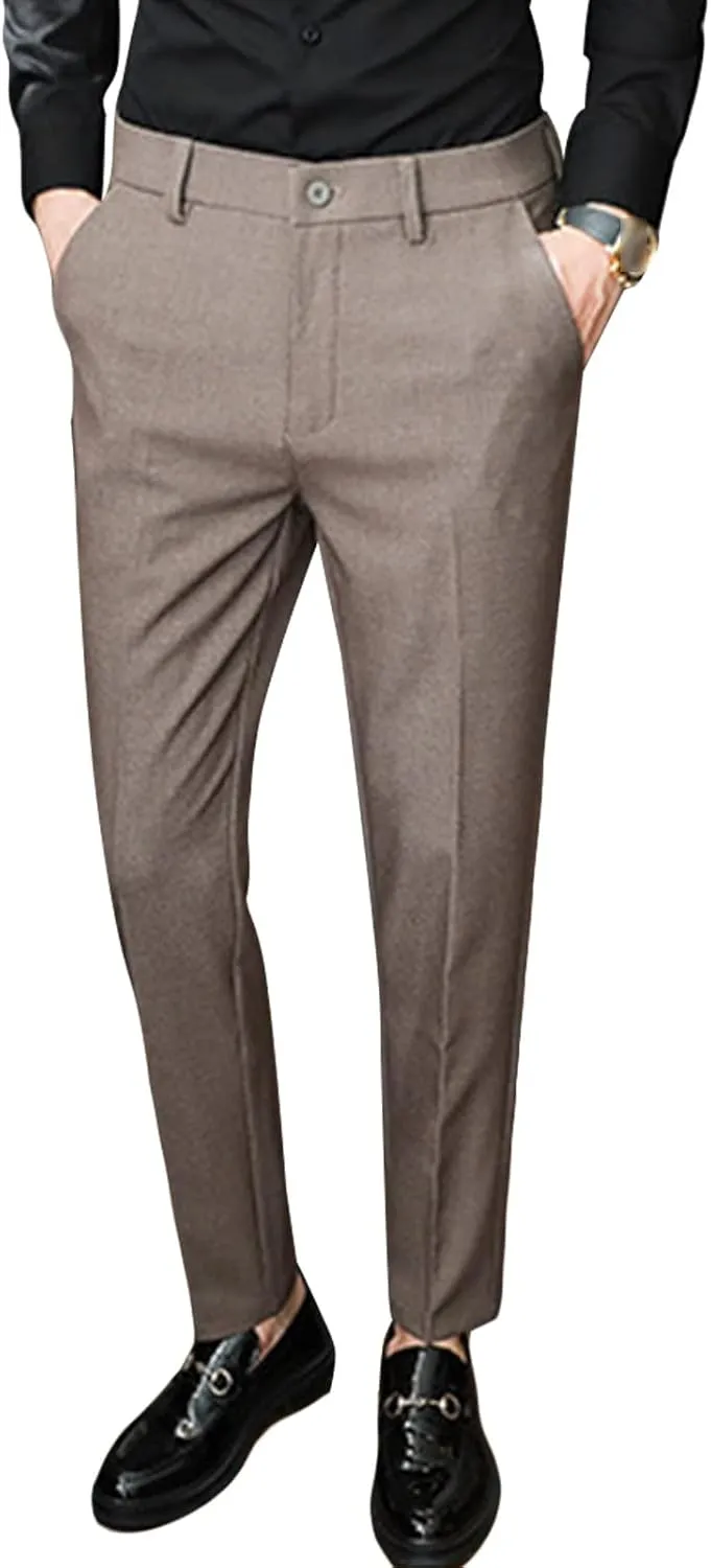 JEShifangjiusu Men's Skinny Stretchy Khaki Pants Slim Fit Slacks Tapered Trousers Wrinkle-Free Comfort Dress Chino Pant, Brown, 33