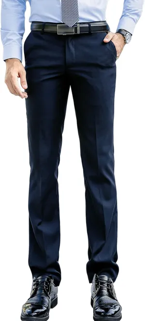 JEShifangjiusu Men's Slim-Fit Flat-Front Dress Pant Classic Business Chino Trousers Solid Color Skinny Comfort Wedding Pant (40,Dark Blue), Dark Blue, 40