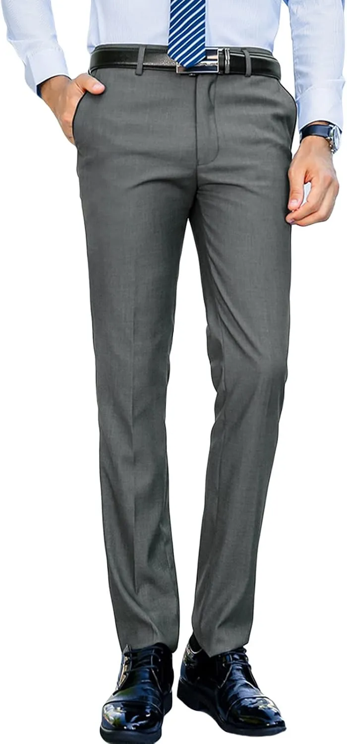 JEShifangjiusu Men's Slim-Fit Flat-Front Dress Pant Classic Business Chino Trousers Solid Color Skinny Comfort Wedding Pant (42,Grey), Grey, 42