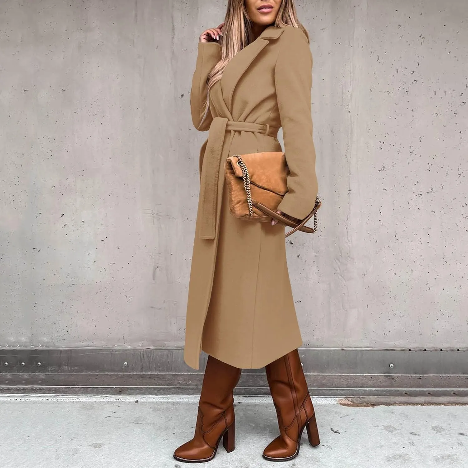 JOAU Women's Wool Coat Notched Collar Open Front Cardigan Pea Overcoat Winter Warm Long Trench Coats Jackets with Belt