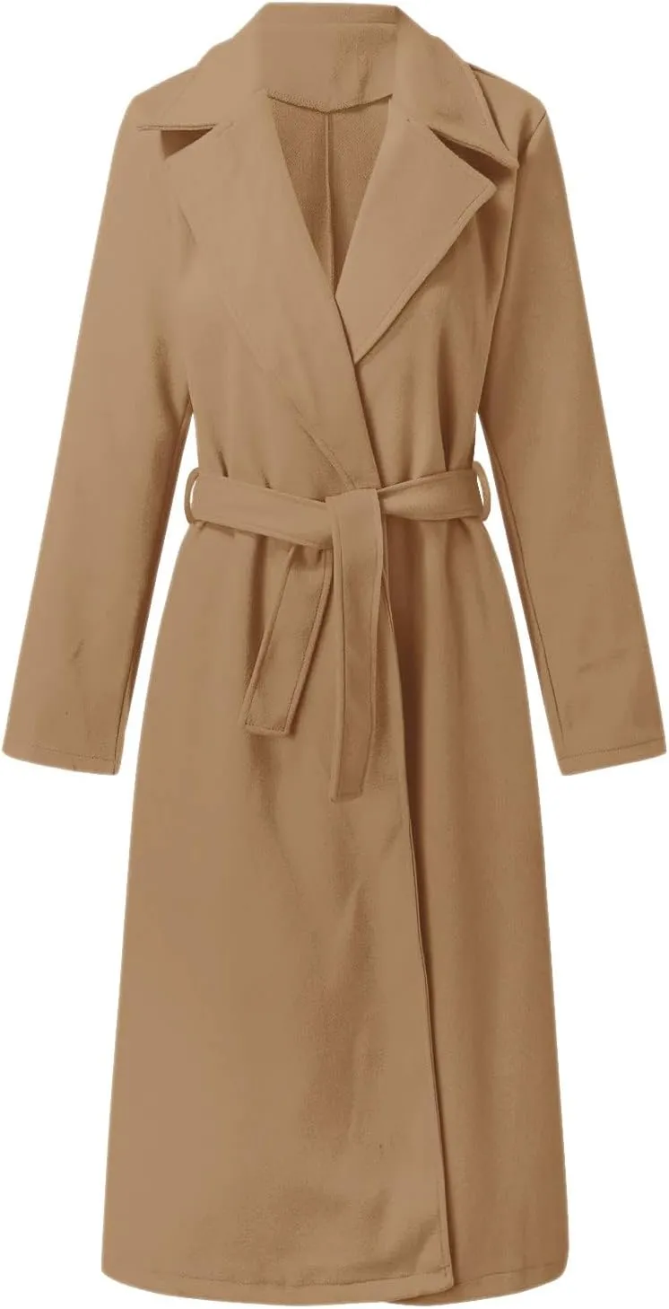 JOAU Women's Wool Coat Notched Collar Open Front Cardigan Pea Overcoat Winter Warm Long Trench Coats Jackets with Belt