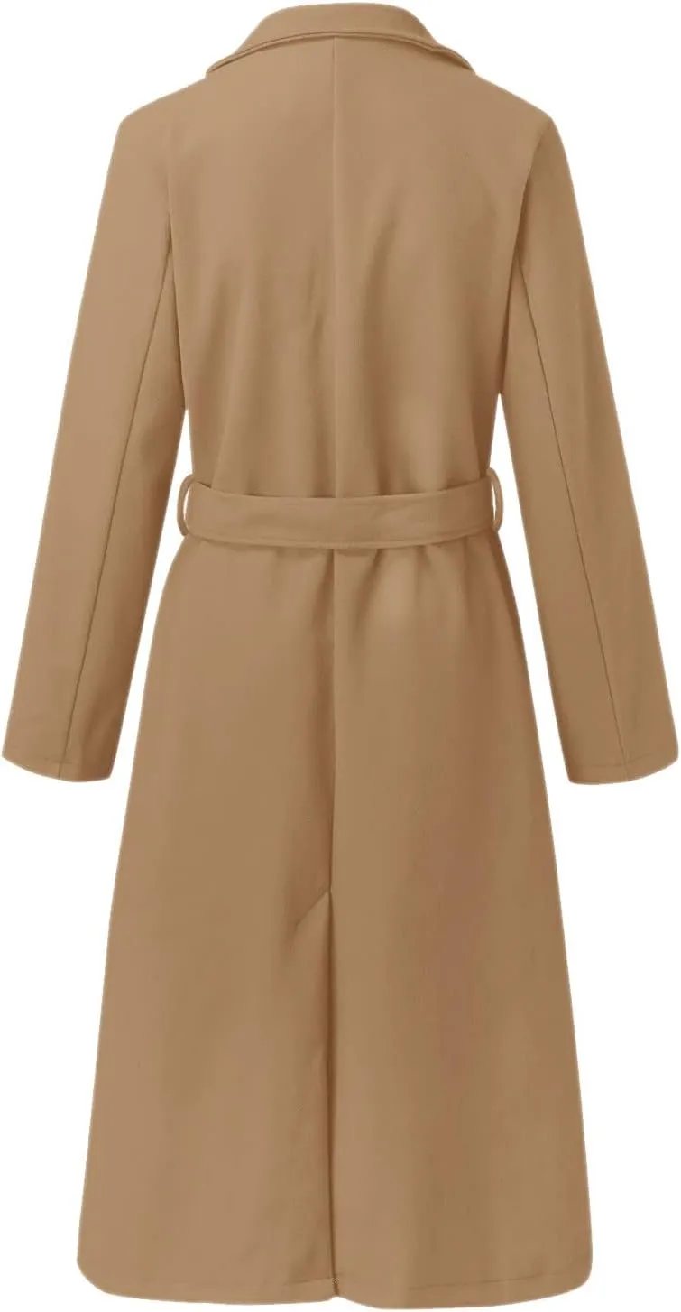 JOAU Women's Wool Coat Notched Collar Open Front Cardigan Pea Overcoat Winter Warm Long Trench Coats Jackets with Belt