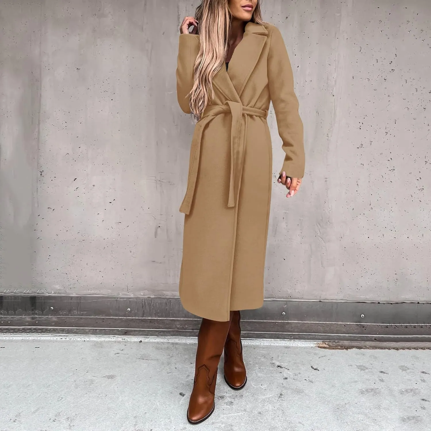 JOAU Women's Wool Coat Notched Collar Open Front Cardigan Pea Overcoat Winter Warm Long Trench Coats Jackets with Belt