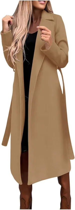JOAU Women's Wool Coat Notched Collar Open Front Cardigan Pea Overcoat Winter Warm Long Trench Coats Jackets with Belt