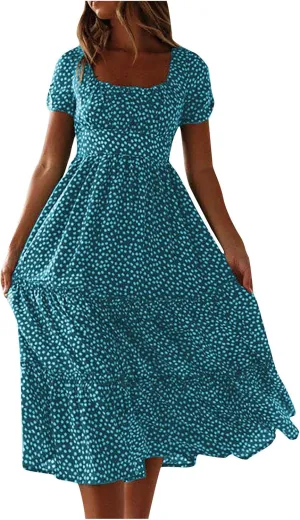 jsaierl Women's Boho Floral Dress Summer Casual Square Neck A Line Swing Dress 2025 Fashion Flowy Beach Sundress Ruffle Dress