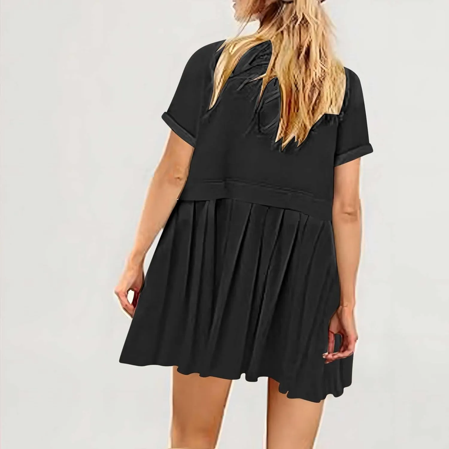 jsaierl Womens Summer Dress Oversized Pleated Short Dress Cute Sweet Mini Dress Comfy Loose Beach Dress Sun Dress 2025