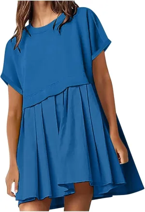 jsaierl Womens Summer Dress Oversized Pleated Short Dress Cute Sweet Mini Dress Comfy Loose Beach Dress Sun Dress 2025