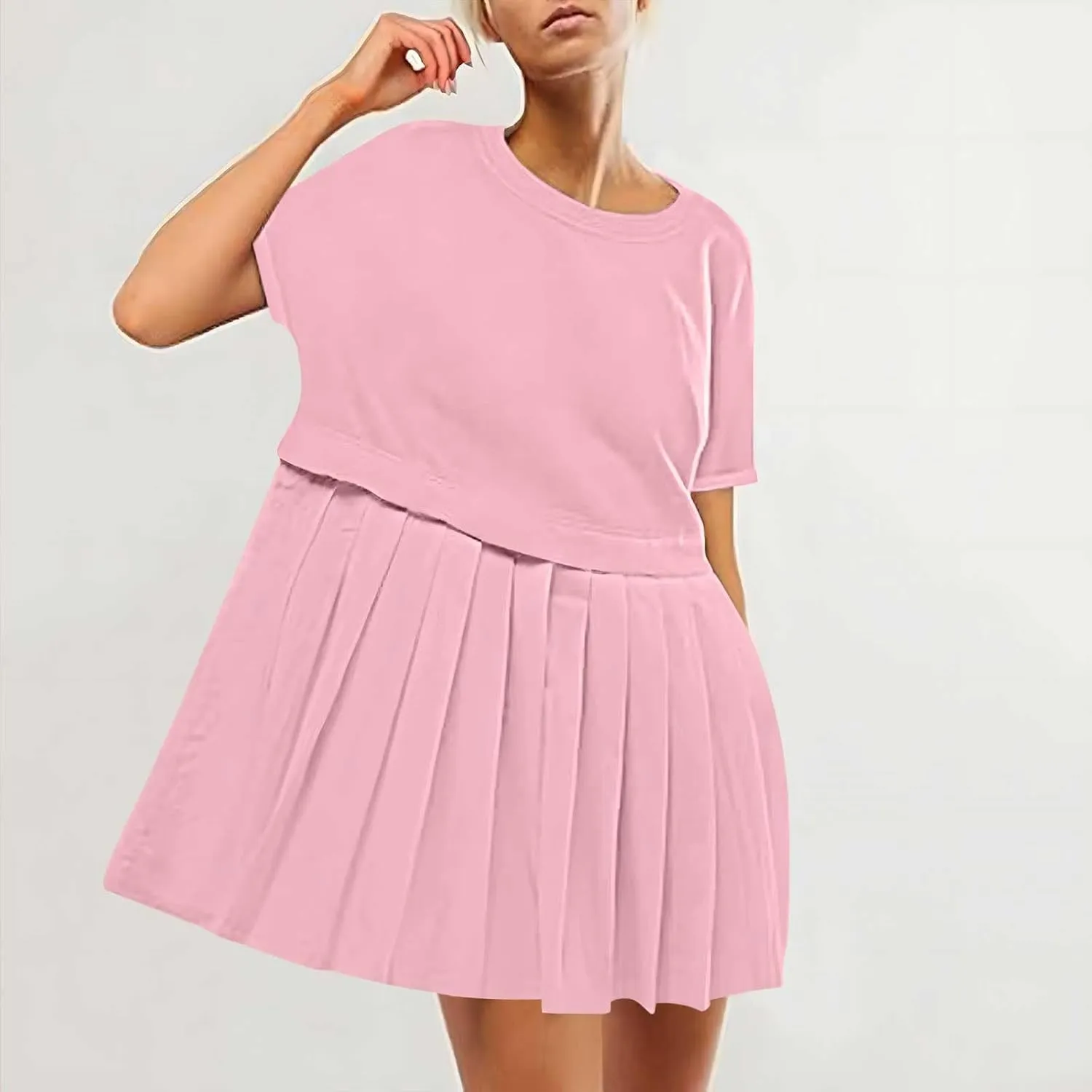 jsaierl Womens Summer Dress Oversized Pleated Short Dress Cute Sweet Mini Dress Comfy Loose Beach Dress Sun Dress 2025