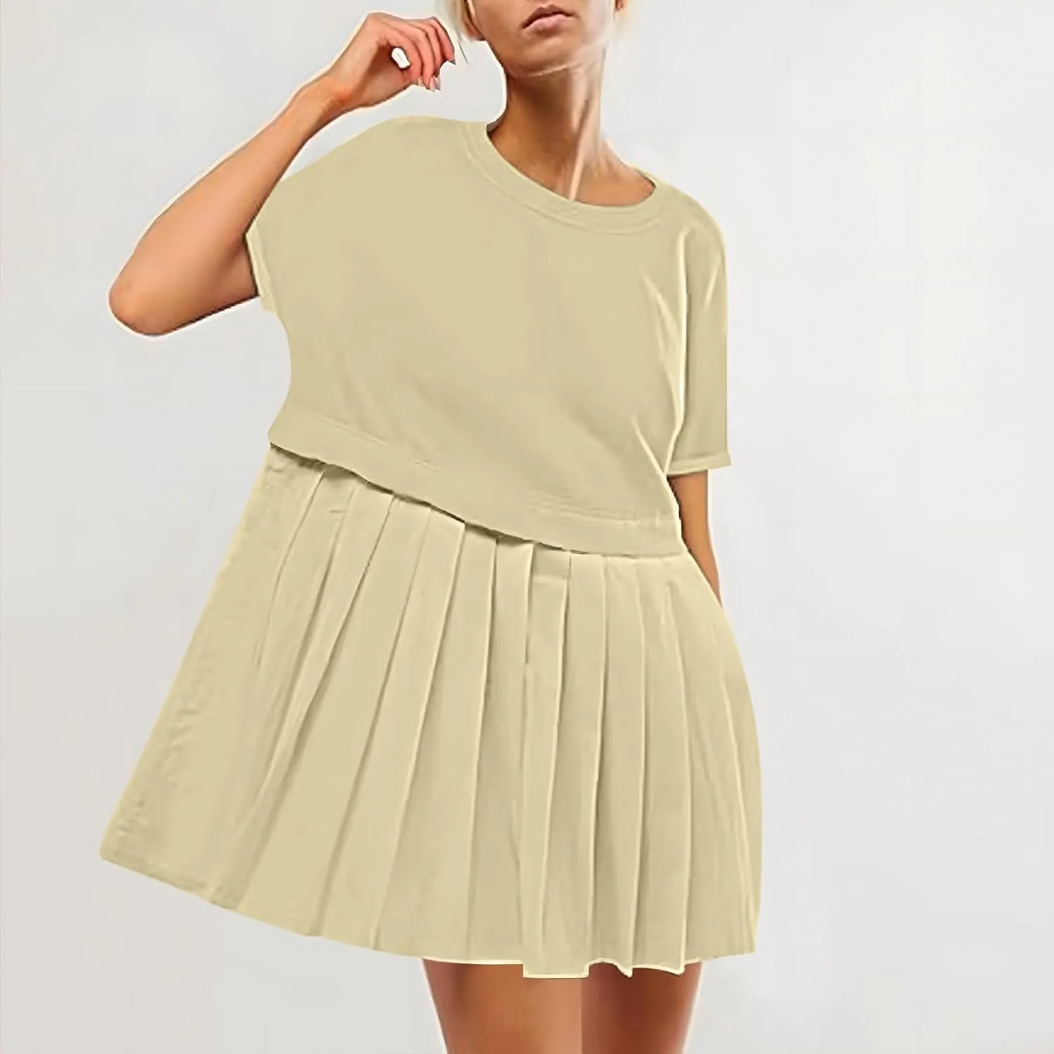 jsaierl Womens Summer Dress Oversized Pleated Short Dress Cute Sweet Mini Dress Comfy Loose Beach Dress Sun Dress 2025
