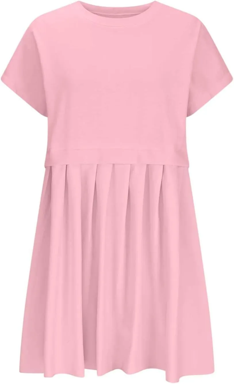 jsaierl Womens Summer Dress Oversized Pleated Short Dress Cute Sweet Mini Dress Comfy Loose Beach Dress Sun Dress 2025