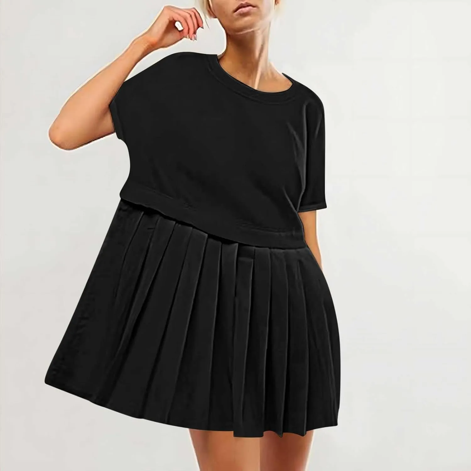 jsaierl Womens Summer Dress Oversized Pleated Short Dress Cute Sweet Mini Dress Comfy Loose Beach Dress Sun Dress 2025