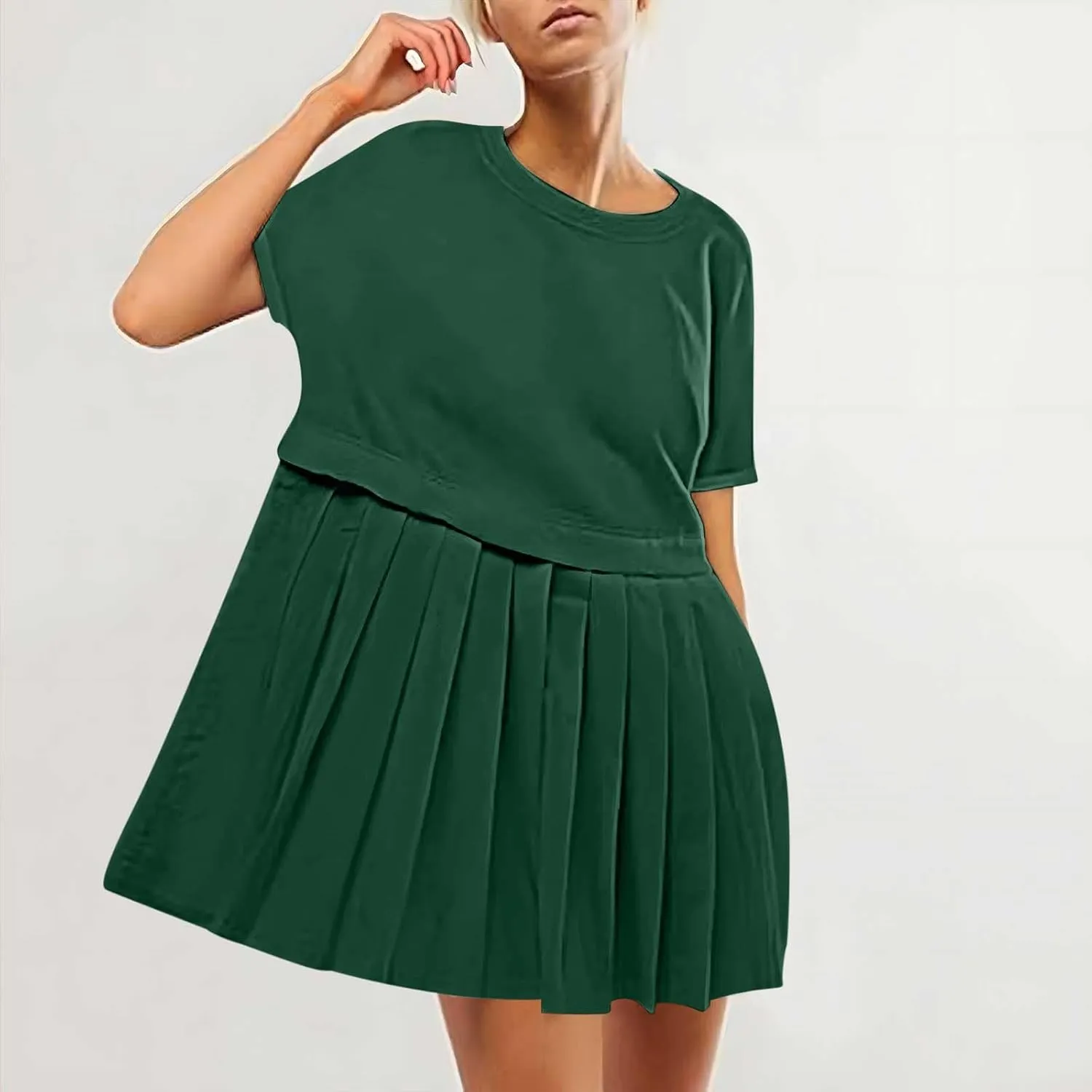 jsaierl Womens Summer Dress Oversized Pleated Short Dress Cute Sweet Mini Dress Comfy Loose Beach Dress Sun Dress 2025