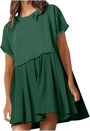 jsaierl Womens Summer Dress Oversized Pleated Short Dress Cute Sweet Mini Dress Comfy Loose Beach Dress Sun Dress 2025