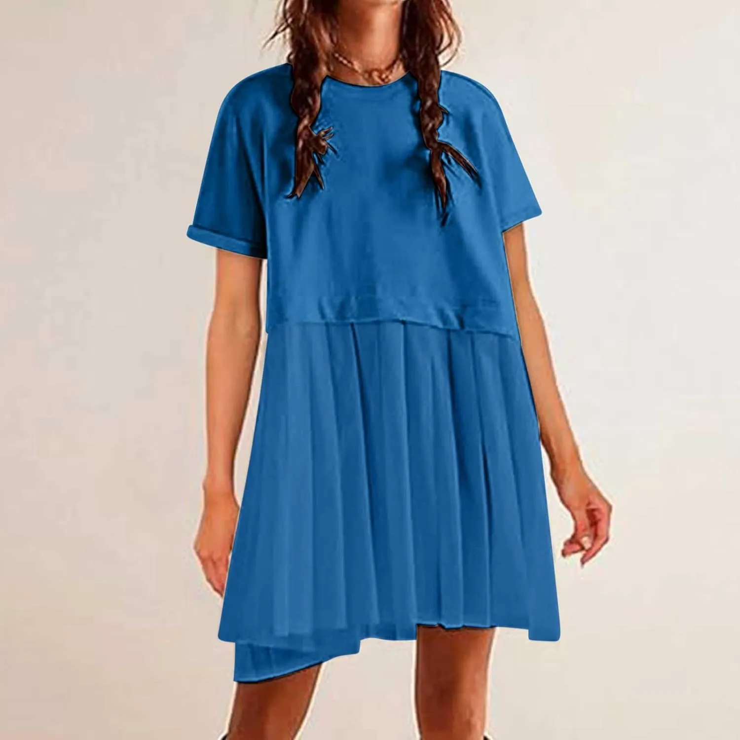 jsaierl Womens Summer Dress Oversized Pleated Short Dress Cute Sweet Mini Dress Comfy Loose Beach Dress Sun Dress 2025