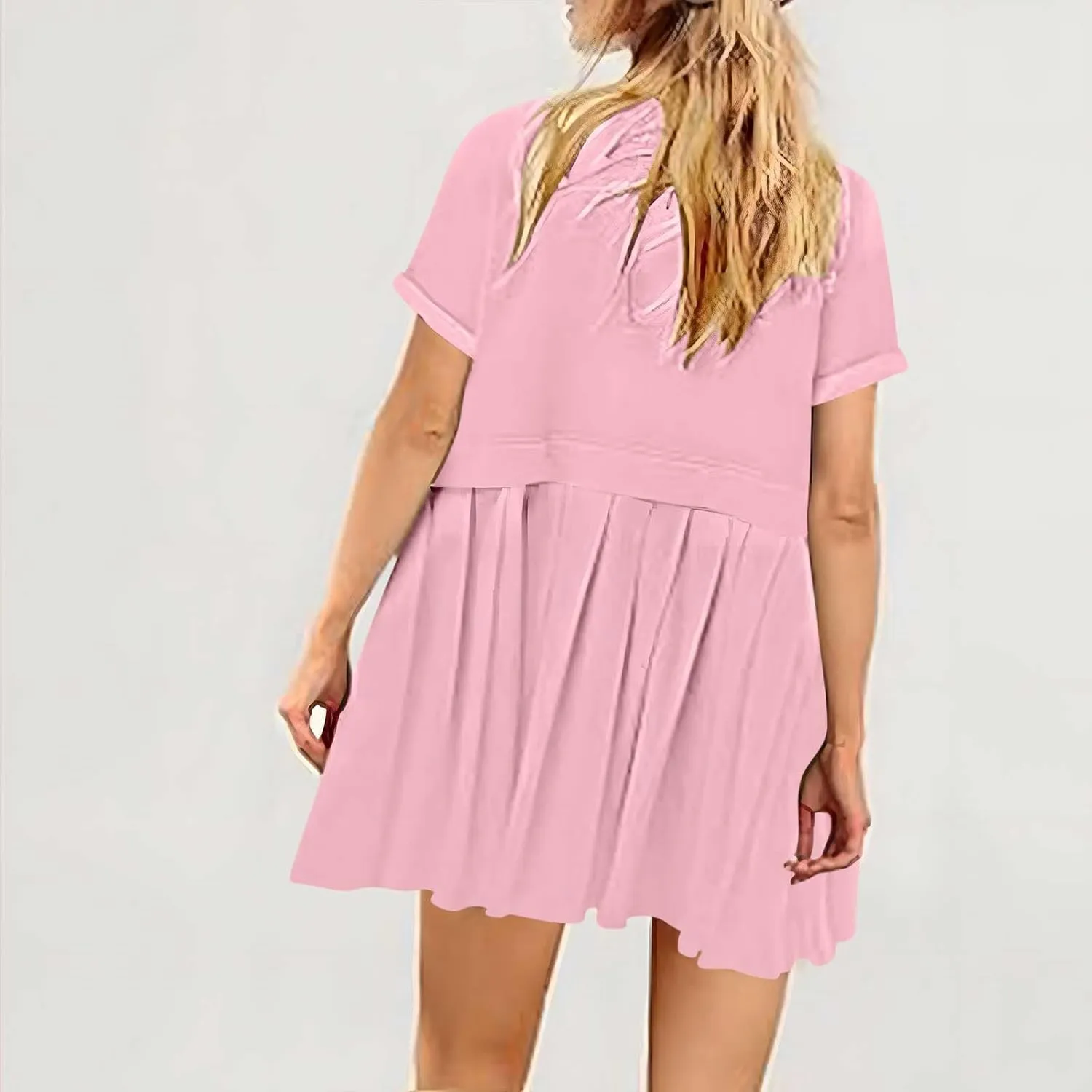 jsaierl Womens Summer Dress Oversized Pleated Short Dress Cute Sweet Mini Dress Comfy Loose Beach Dress Sun Dress 2025