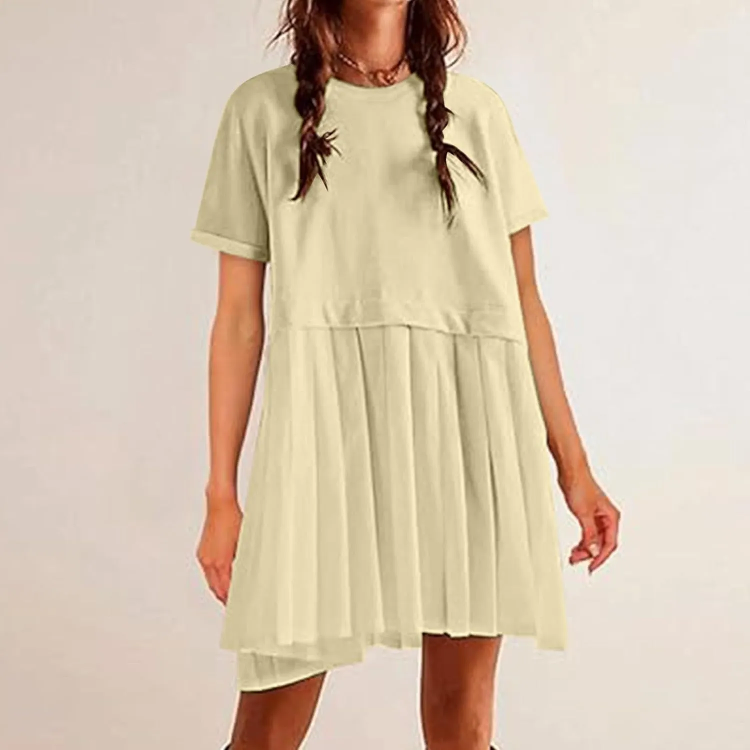 jsaierl Womens Summer Dress Oversized Pleated Short Dress Cute Sweet Mini Dress Comfy Loose Beach Dress Sun Dress 2025