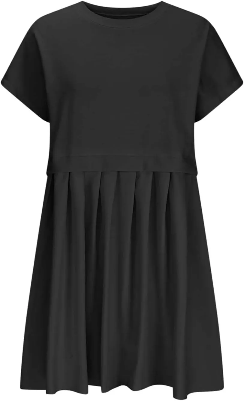 jsaierl Womens Summer Dress Oversized Pleated Short Dress Cute Sweet Mini Dress Comfy Loose Beach Dress Sun Dress 2025