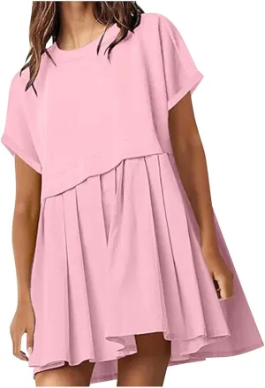 jsaierl Womens Summer Dress Oversized Pleated Short Dress Cute Sweet Mini Dress Comfy Loose Beach Dress Sun Dress 2025